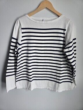 BLUE SKY Striped Boatneck  Cotton Top - White & Navy